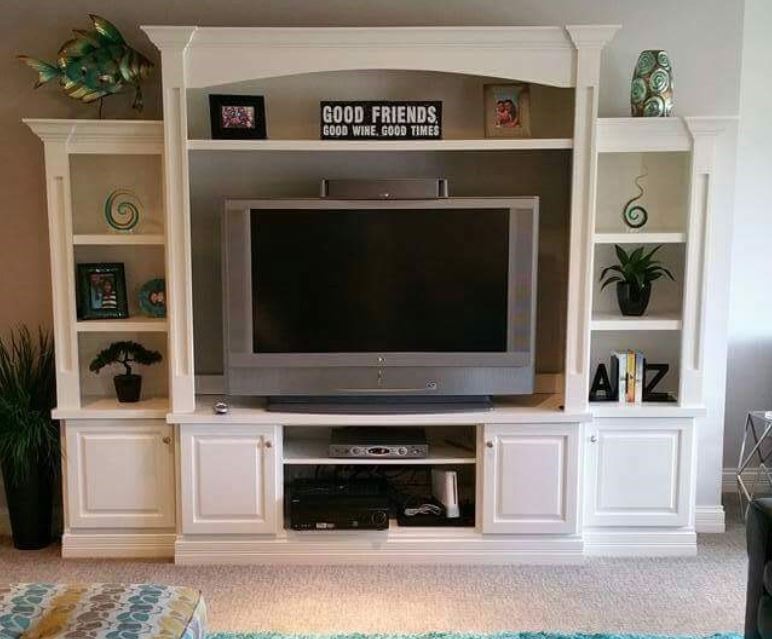 Six piece modular custom entertainment center by Ryan Bruzan In Lake Forest, Louisville, KY. Painted white umber.