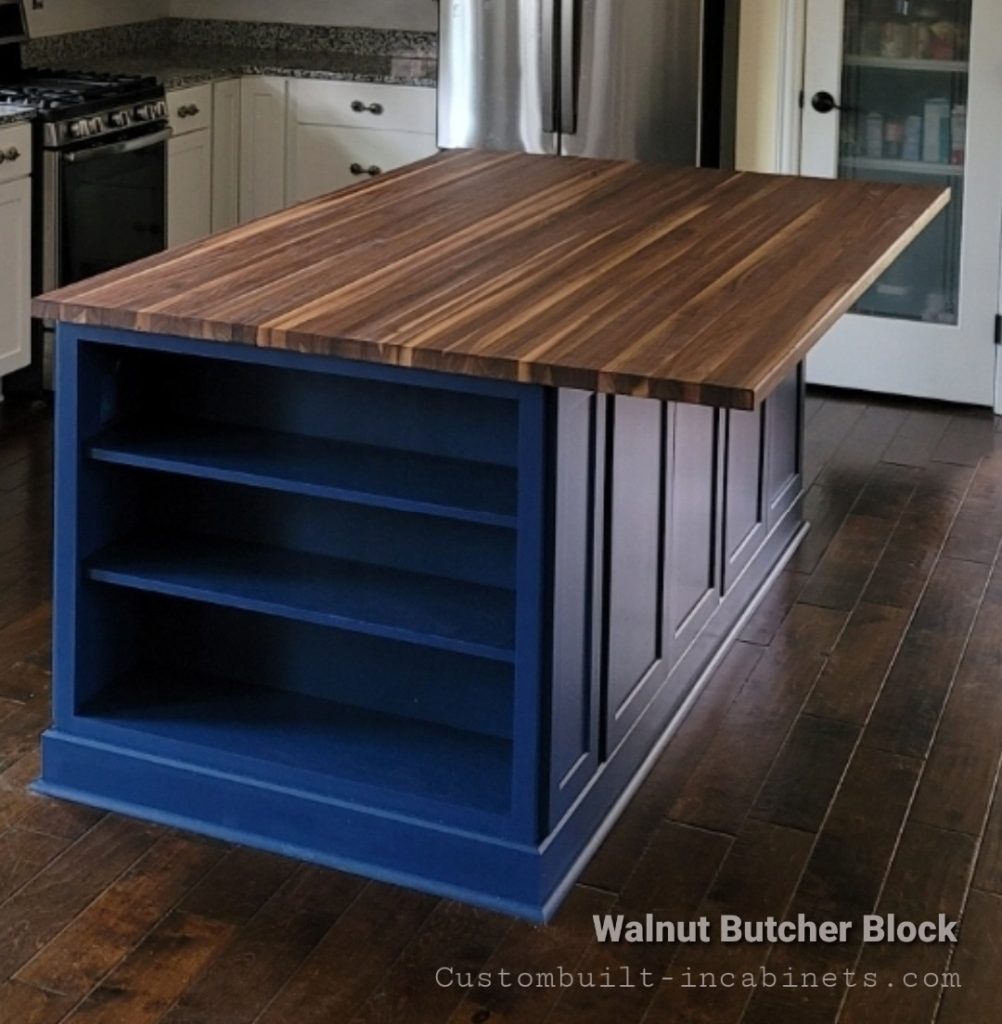 This image showcases a walnut butcher block island countertop by Cherrywood Custom Woodworking in Louisville, Kentucky