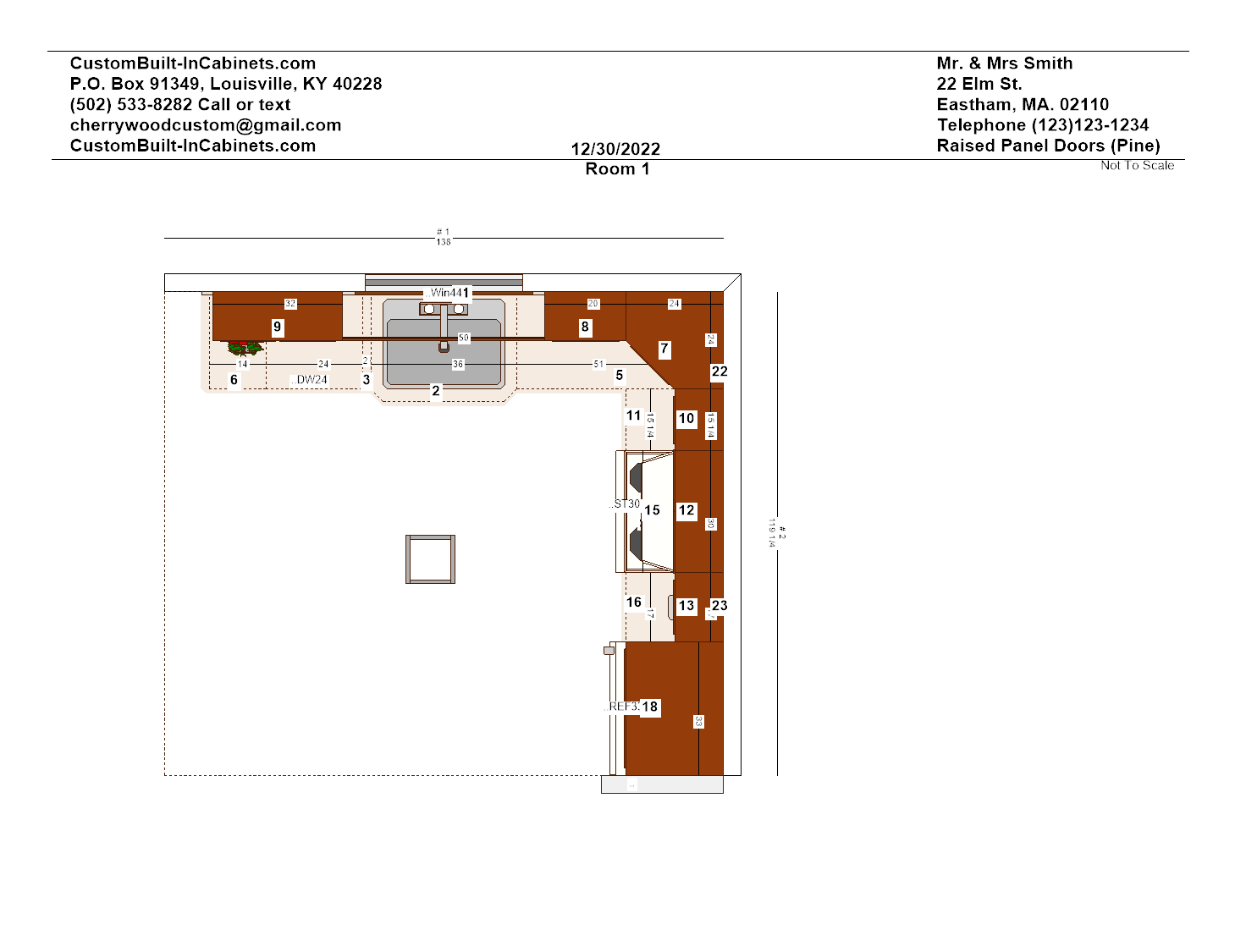 This is sketch 1 of 3 examples images of a custom cabinetry project by Ryan Bruzan. This sketch is a birdseye view or top view digital sketch of a cabinetry design project by Ryan Bruzan and Cherrywood Custom Woodworking.