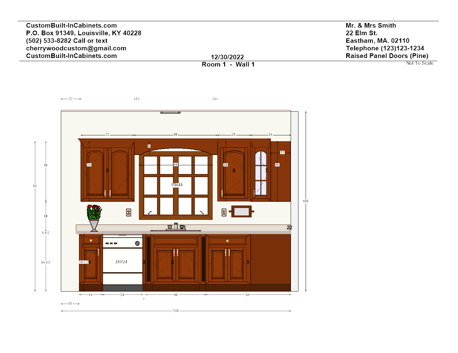 This is sketch 2 of 3 examples images of a custom cabinetry project by Ryan Bruzan. This sketch is a front view digital sketch of a wall of kitchen cabinets on a cabinetry design project by Ryan Bruzan and Cherrywood Custom Woodworking.