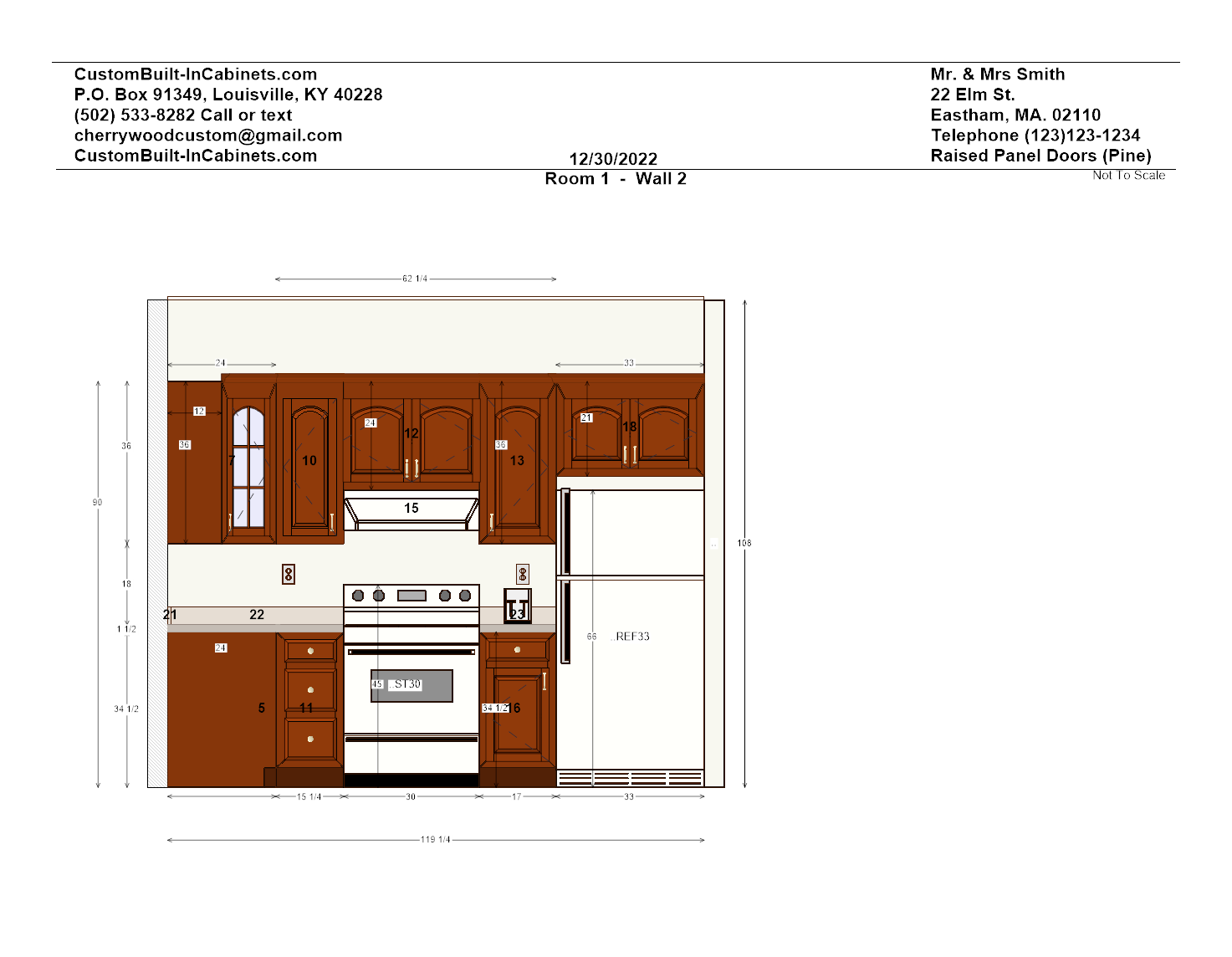 This is sketch 3 of 3 example images of a custom cabinetry project by Ryan Bruzan. This sketch is a front view digital sketch of a wall of kitchen cabinets on a cabinetry design project by Ryan Bruzan and Cherrywood Custom Woodworking.